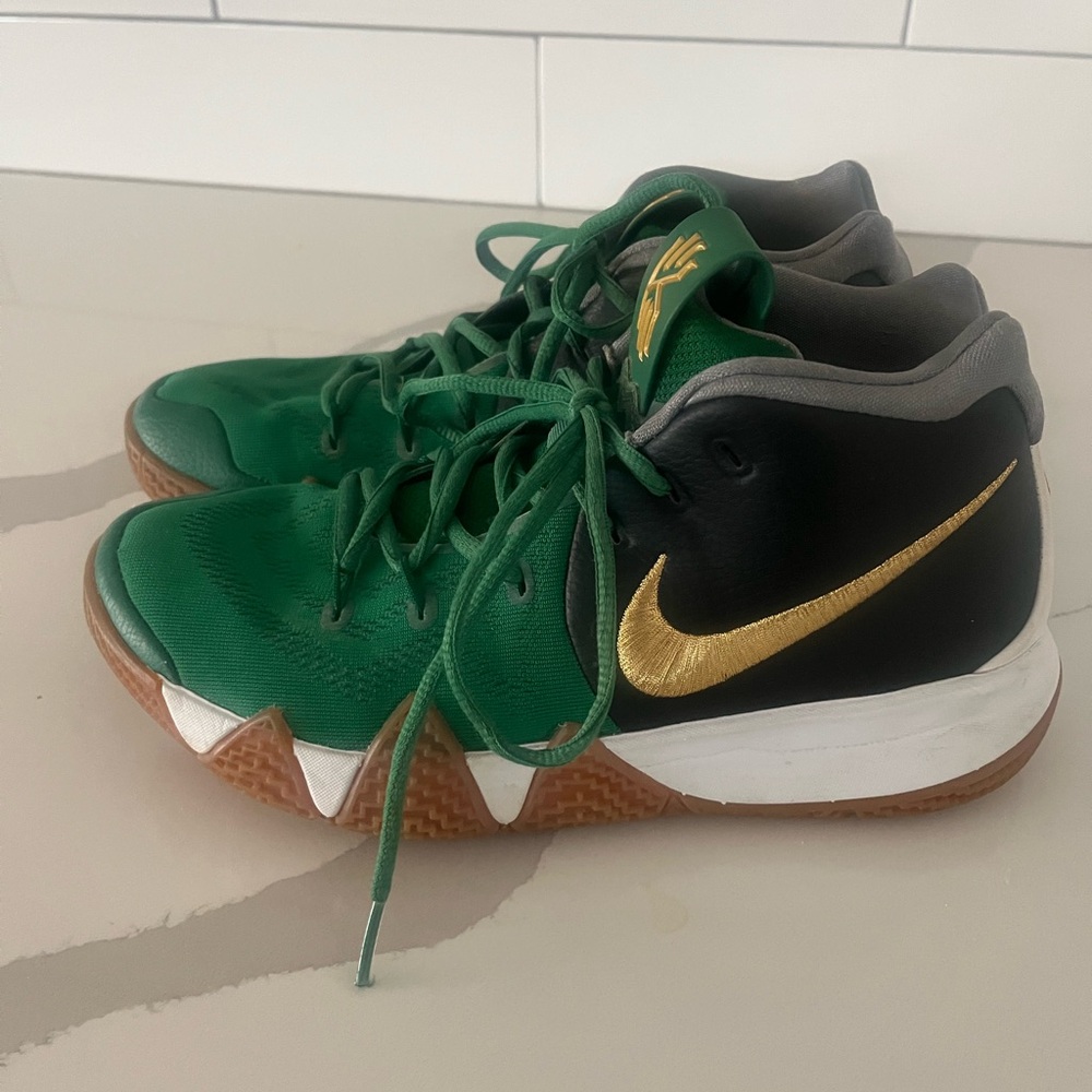 Nike Kyrie 4 iD custom basketball shoes in a Boston Celtics green, black,& gold
